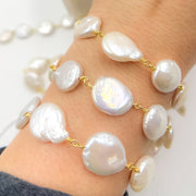 Coin Shape Freshwater Pearl with Gold Plated Sterling Silver Chain